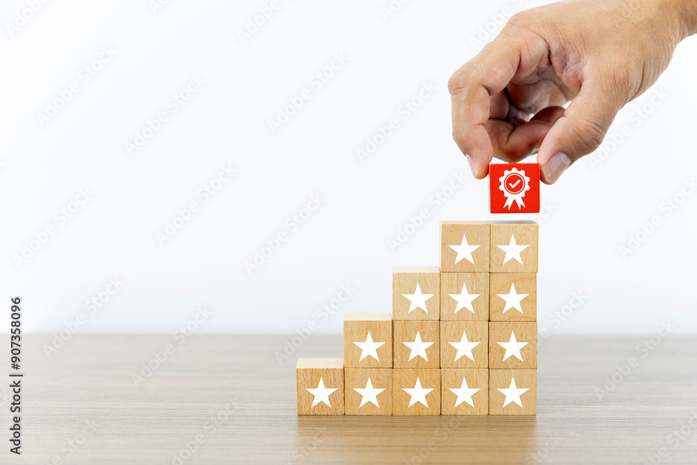 Aufkleber hand choose wooden block stack with best service and smile face icon for best excellent customer ser