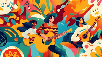 Colorful abstract illustration of three people playing guitars and enjoying music. The art style is vibrant and playful, reflecting a joyous and creative atmosphere.