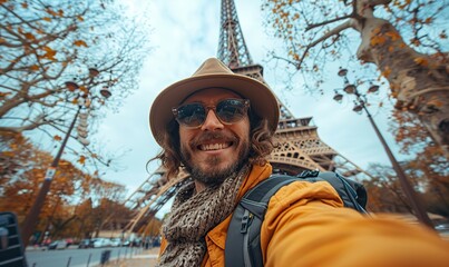 A happy man is taking a selfie in front of the Eiffel Tower in Paris, France, capturing a memorable moment in the iconic city.