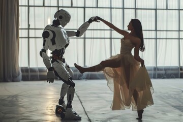 Obraz premium A robot and a human dancing together, Two sleek robots gracefully dancing together in a minimalist white room, AI generated
