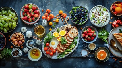 Food Photography: A Delicious Spread of Breakfast Items with Fruits, Vegetables, and Bread