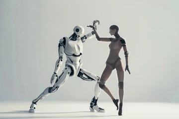 A robot and a human dancing together, A pair of robots performing a choreographed dance routine in a bright, AI generated