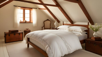 A cozy, attic bedroom with a plush, white duvet and sloping, wooden ceiling