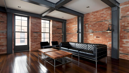 A stylish, industrial-chic living room with exposed, brick walls and metal beams