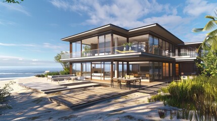 Fototapeta premium A modern beach house with large, panoramic windows, a wrap-around deck, and a view of the ocean.