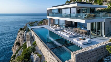 Fototapeta premium A modern cliffside villa with an infinity pool, extensive use of glass, and a rooftop terrace offering breathtaking views of the ocean.