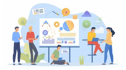 A group of marketers brainstorming a new campaign, sharing ideas and creating strategies, innovative and dynamic 