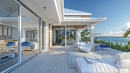A modern coastal home with a white and blue color scheme, large sliding doors opening to a deck, and panoramic ocean views.