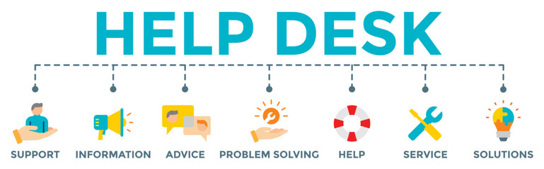 Help desk icon banner web illustration with support, information, advice, problem solving, help, service and solutions icons