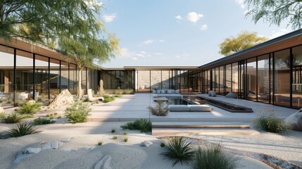 A modern desert oasis with a sleek, low-profile design, extensive use of glass, and a courtyard with a shaded lounging area and a water feature.
