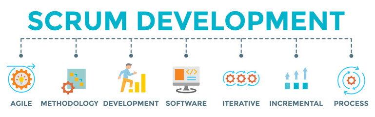 Scrum development concept banner web illustration with agile, methodology, development, software, iterative, incremental and process icon.	