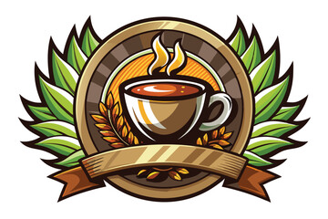 Coffee Cup in a Circular Frame with Green Leaves and a Ribbon