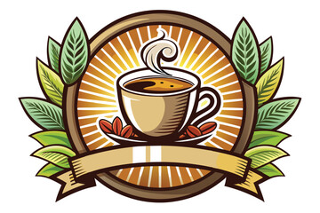 Coffee cup with steam, surrounded by green leaves and banner