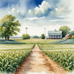 Naklejka premium Watercolor illustration of the Field of Dreams in Dyersville, Iowa. Capture the iconic baseball field set against the backdrop of a wide, open landscape.