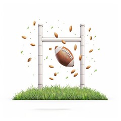 Illustration of an American football going through a goalpost, surrounded by scattered leaves, on a white background.
