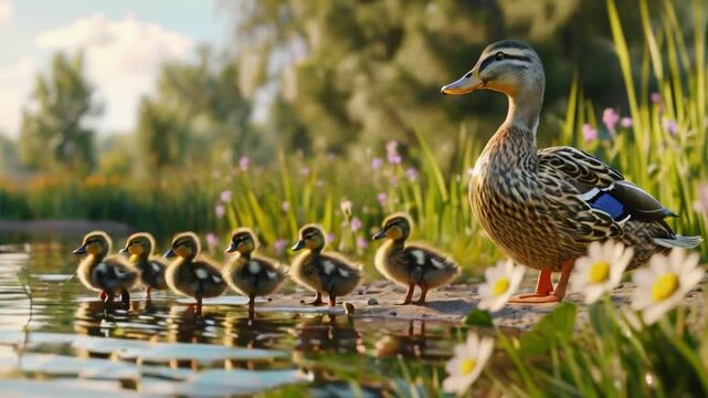 ducks and ducklings line up towards the swamp pond