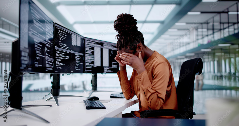 Poster Unhappy Sad Developer Programmer Woman In Stress Coding Software On Computer