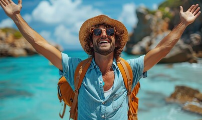 Standing with arms raised at the beach, a cheerful traveler with a backpack enjoys a summer vacation by the seaside, reflecting a travel lifestyle and well-being.