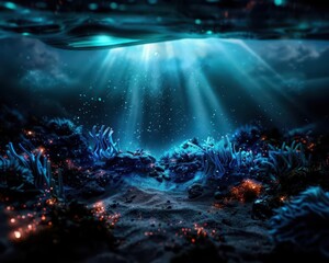 Ocean depths with mysterious and bioluminescent creatures, creating a sense of wonder and mystery, Scifi, Dark tones, Digital art