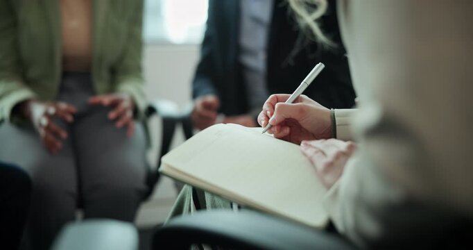 People, support group and therapist for discussion, evaluation and counselling for social worker. Psychology counsellor, conversation and writing in notebook for consultation, wellness and meeting
