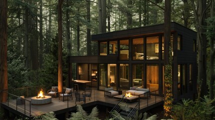 A modern forest cabin with a dark wood exterior, large windows, and a deck with a fire pit and seating area surrounded by tall trees.