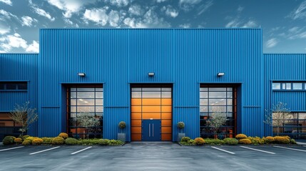Obraz premium Modern Blue Warehouse with Three Large Doors
