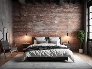 Modern bedroom with brick wall interior