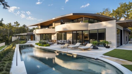 Fototapeta premium A modern home with a curved roofline, extensive use of natural wood, and a spacious backyard with a minimalist pool and lounge area.