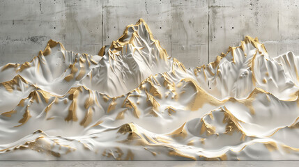 Snow-capped peaks on a concrete wall, golden and white, volumetric stucco molding and bas-relief techniques