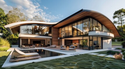 Fototapeta premium A modern home with a curved roofline, extensive use of natural wood, and a spacious backyard with a minimalist pool and lounge area.