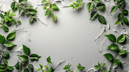 Naklejka premium A high-resolution card mockup showcasing a blank postcard on a white table. The design includes a paper texture and green leaves, perfect for presenting birthday or wedding greeting cards in a