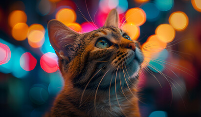 a cat looking up with colorful lights in the background