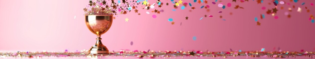 Fototapeta premium Stellar Achievement Symbolized by Stars on Top of a Golden Trophy against a Minimalist Pink Background, Exuding Elegance and Simplicity