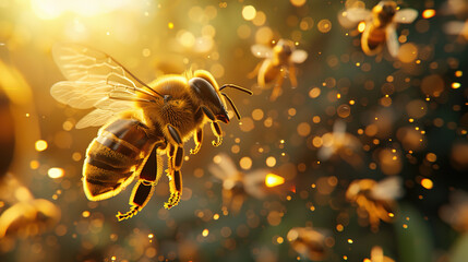 Fototapeta premium National Honey Bee Day. World Bee Day Background. Closeup Honey Bee with Copy Space. Agricultural Wildlife Background