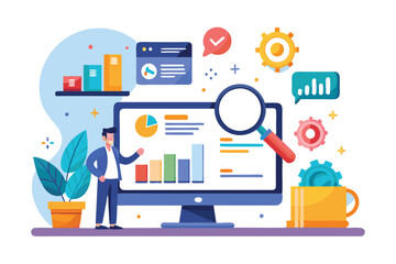 Businessman Analyzing Data on Computer Screen with Magnifying Glass
