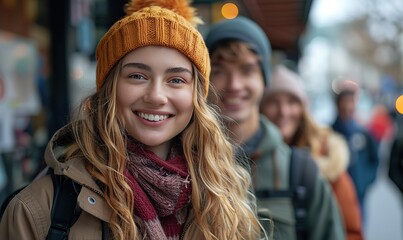 Millennial friends have fun walking through the city center, laughing and smiling together as they explore and enjoy their vacation.