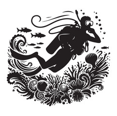 Scuba diving people silhouettes vector illustrations isolated on white background.