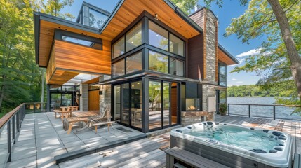 Fototapeta premium A modern lakeside retreat with a combination of wood and glass, large windows offering lake views, and a deck with a built-in hot tub.