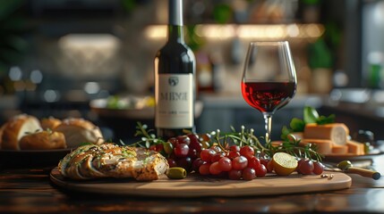 3D Render of a Romantic Dinner Setting with Wine, Grapes, and Bread