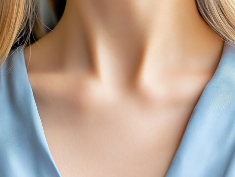 Close-up image of a woman's neck and collarbone with blonde hair, wearing a blue top, highlighting smooth skin and elegance.
