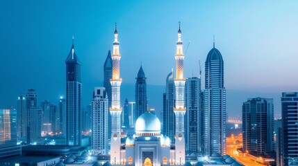 Obraz premium A vibrant city at night with a beautifully detailed mosque as its centerpiece, illuminated by neon lights, creating a contrast with sleek skyscrapers