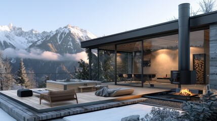 A modern mountain chalet with a minimalist design, featuring large glass panels, a wood-burning stove, and a deck with a hot tub and mountain views.