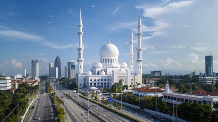 Naklejka premium A vibrant city with a central mosque, showcasing the blend of traditional and modern architecture, with busy streets and diverse culture