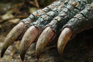 Obraz premium Detailed view of a Velociraptor's claw, emphasizing its sharpness and potential for hunting. High-resolution, detailed textures, crisp focus