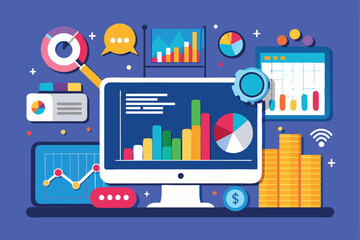 Desktop Computer Displaying Charts, Graphs, and Data