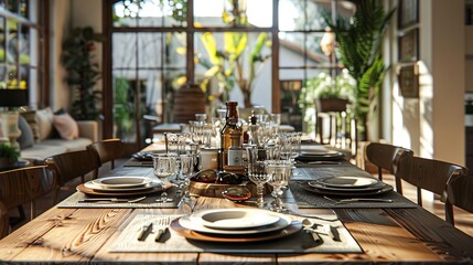 Fototapeta premium Rustic Farmhouse Dining Table Setting with Sunbeams Through Window - 3D Render