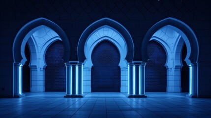 Obraz premium Illuminated mosque patterns under neon lights, blending the elegance of tradition with the vibrancy of urban illumination, intricate and eye-catching
