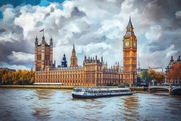 Obraz premium The Westminster Palace and the Big Ben clocktower by the Thames river in London, United Kingdom, just after sunset