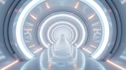 Obraz premium 3D room with a white background, featuring an abstract technology tunnel with glowing lines and illuminated stage floor, creating a sense of depth and modernity