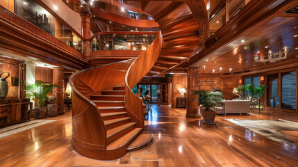 Grand spiral wooden staircase, rich mahogany wood, luxury, modern interior
